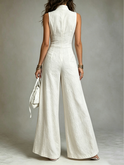 Retro Stand-Collar Tencel Wide-Leg Jumpsuit With Lace Trim