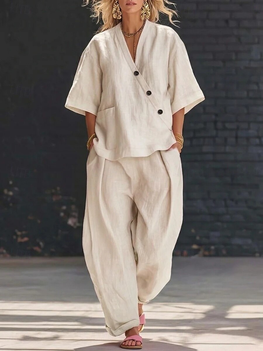 Women's Linen Blend V-Neck Button Top & Loose Harem Pants 2-Piece Set