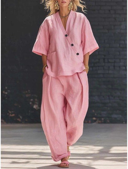 Women's Linen Blend V-Neck Button Top & Loose Harem Pants 2-Piece Set