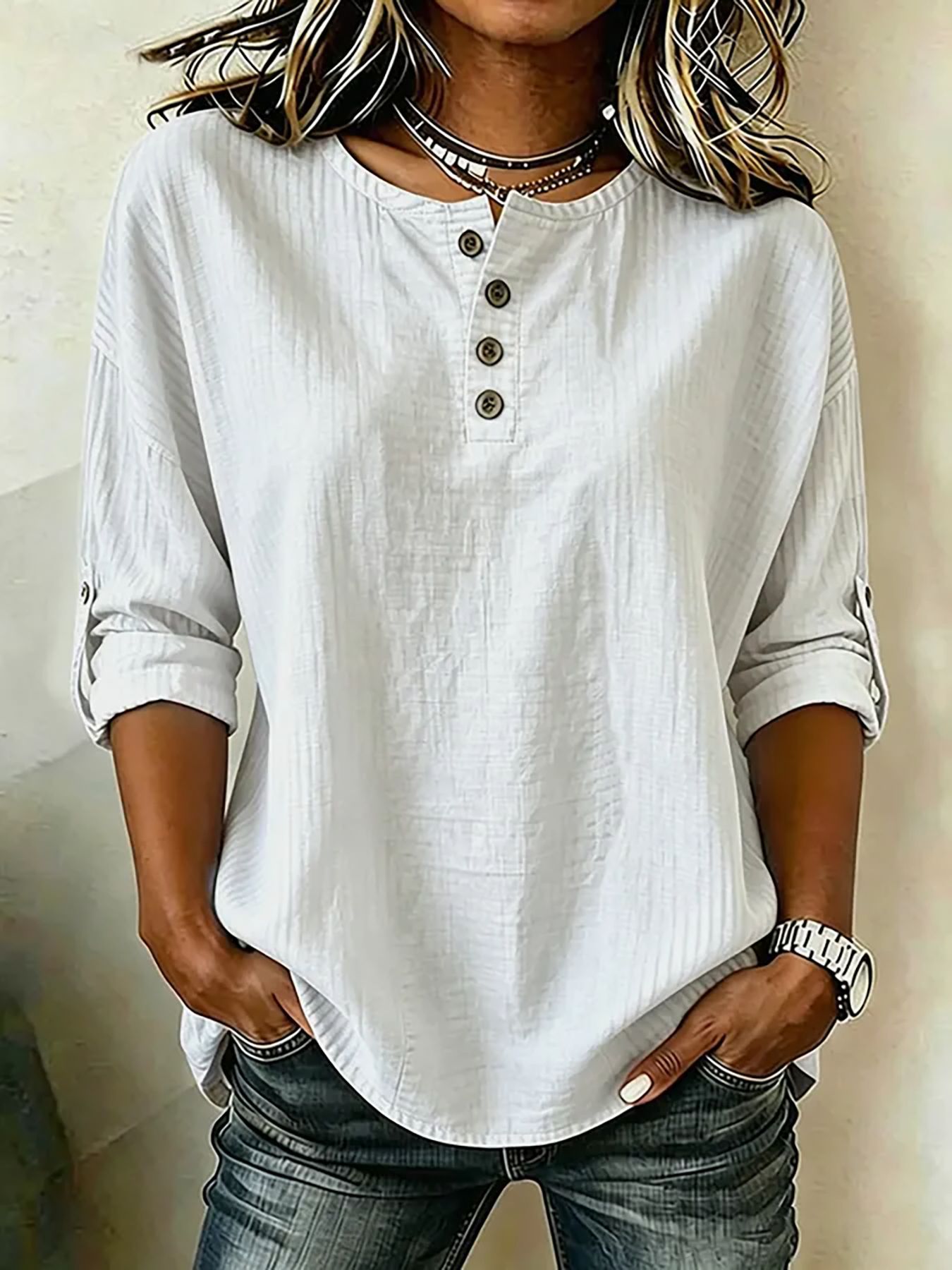 Henley Button Round Neck Cotton Linen Blouse