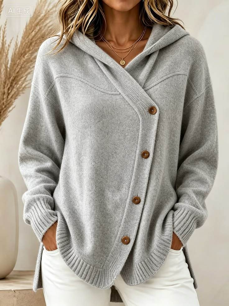 🧥 Women’s Hooded Asymmetric Button Cardigan Loose Knit Sweater Coat