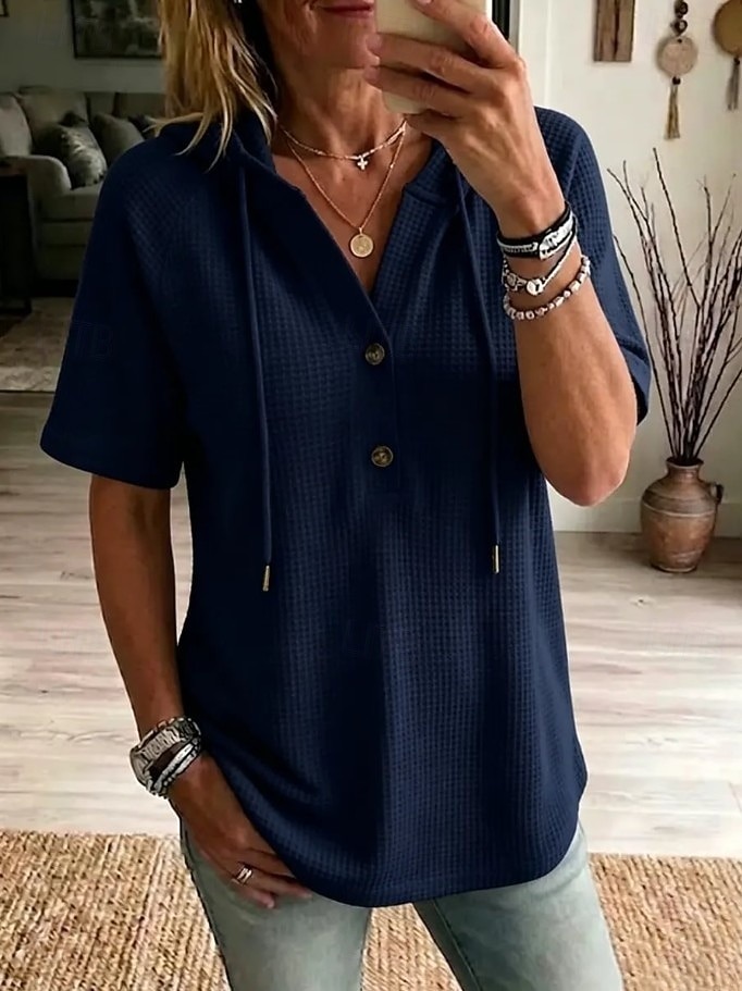 Women's Waffle Knit Hooded Henley Top Short Sleeve Casual V-Neck Tee
