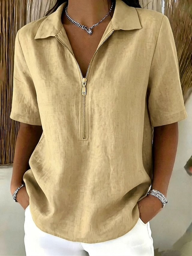 Women's Blouse Faux Linen Shirt Zipper Buttons Solid Color Daily Stylish Casual Short Sleeve Polo Collar Regular Tops Casual Daily Blue Black White Yellow Khaki Summer Spring
