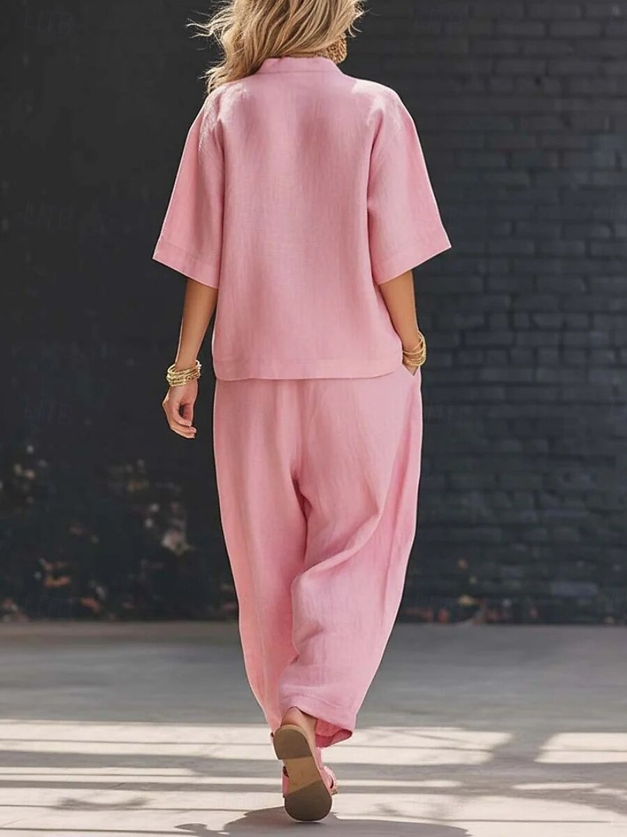 Women's Linen Blend V-Neck Button Top & Loose Harem Pants 2-Piece Set