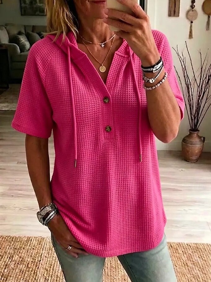 Women's Waffle Knit Hooded Henley Top Short Sleeve Casual V-Neck Tee