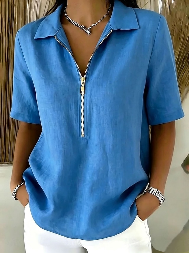 Women's Blouse Faux Linen Shirt Zipper Buttons Solid Color Daily Stylish Casual Short Sleeve Polo Collar Regular Tops Casual Daily Blue Black White Yellow Khaki Summer Spring