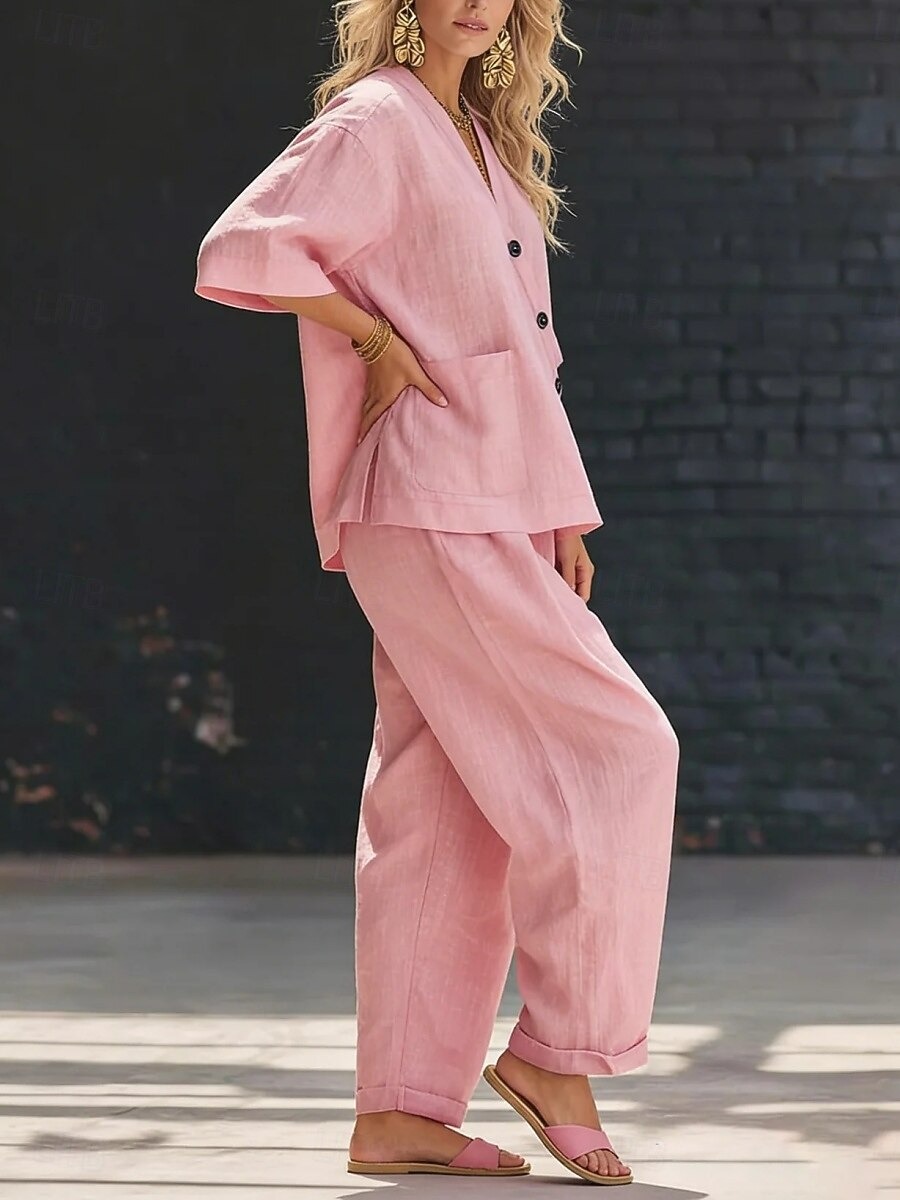 Women's Linen Blend V-Neck Button Top & Loose Harem Pants 2-Piece Set