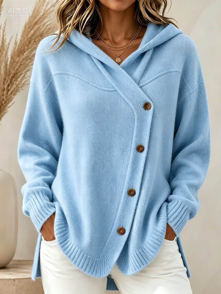 🧥 Women’s Hooded Asymmetric Button Cardigan Loose Knit Sweater Coat