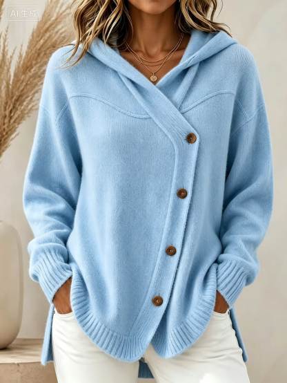 🧥 Women’s Hooded Asymmetric Button Cardigan Loose Knit Sweater Coat