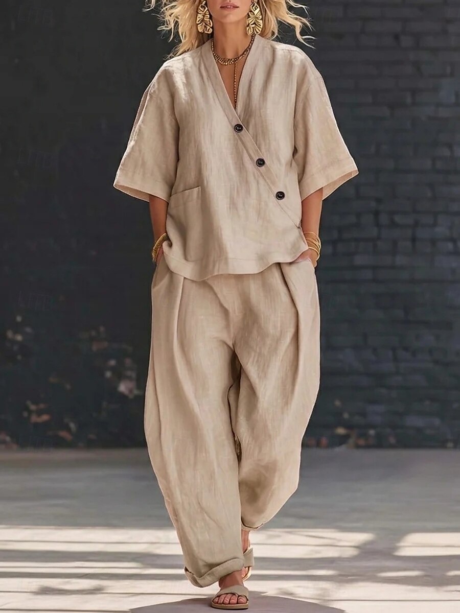 Women's Linen Blend V-Neck Button Top & Loose Harem Pants 2-Piece Set