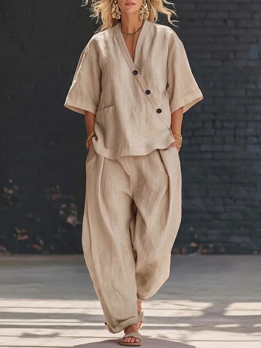 Women's Linen Blend V-Neck Button Top & Loose Harem Pants 2-Piece Set