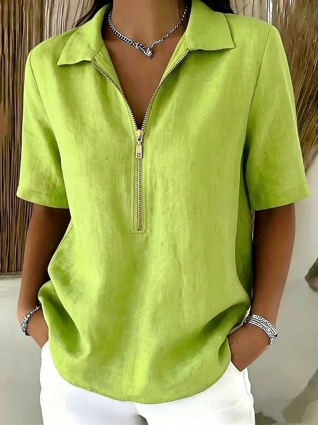 Women's Blouse Faux Linen Shirt Zipper Buttons Solid Color Daily Stylish Casual Short Sleeve Polo Collar Regular Tops Casual Daily Blue Black White Yellow Khaki Summer Spring