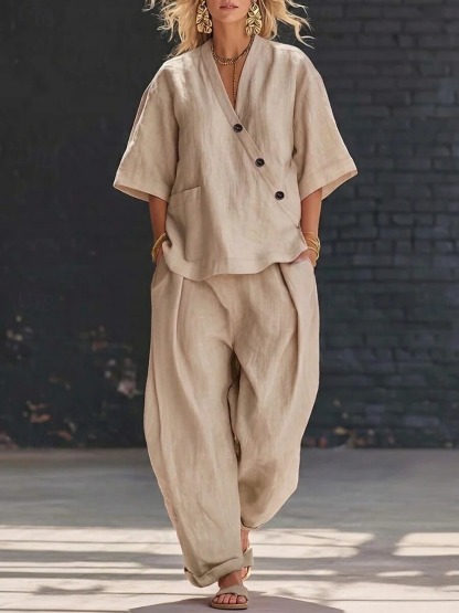 Women's Linen Blend V-Neck Button Top & Loose Harem Pants 2-Piece Set
