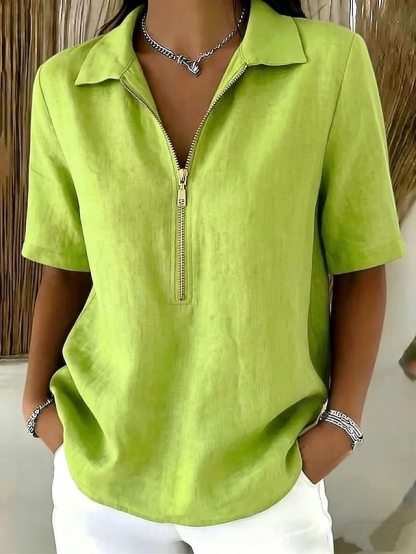 Women's Blouse Faux Linen Shirt Zipper Buttons Solid Color Daily Stylish Casual Short Sleeve Polo Collar Regular Tops Casual Daily Blue Black White Yellow Khaki Summer Spring