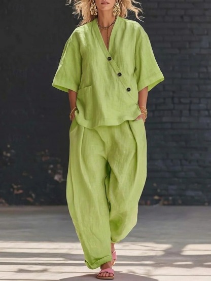 Women's Linen Blend V-Neck Button Top & Loose Harem Pants 2-Piece Set