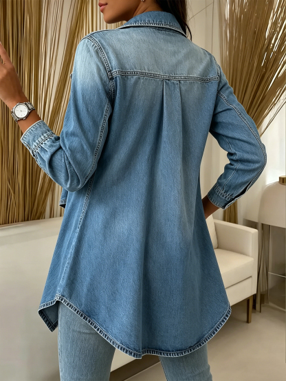 Women's Lightweight Denim Jacket Open Front Draped Lapel Long Sleeve Casual Coat