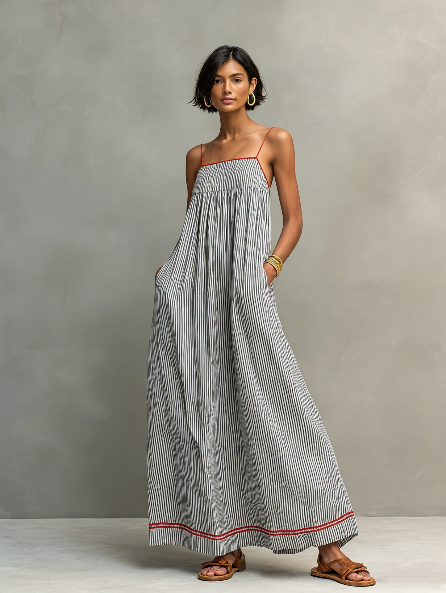 Women's Minimalist Striped Maxi Dress With Red Trim And Spaghetti Straps