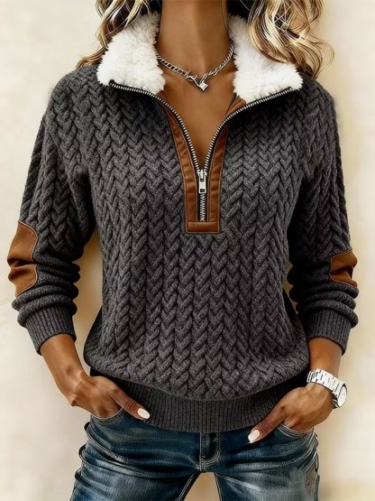 Faux Fur Collar Knit Pullover | Zip Neck Textured Sweater Top