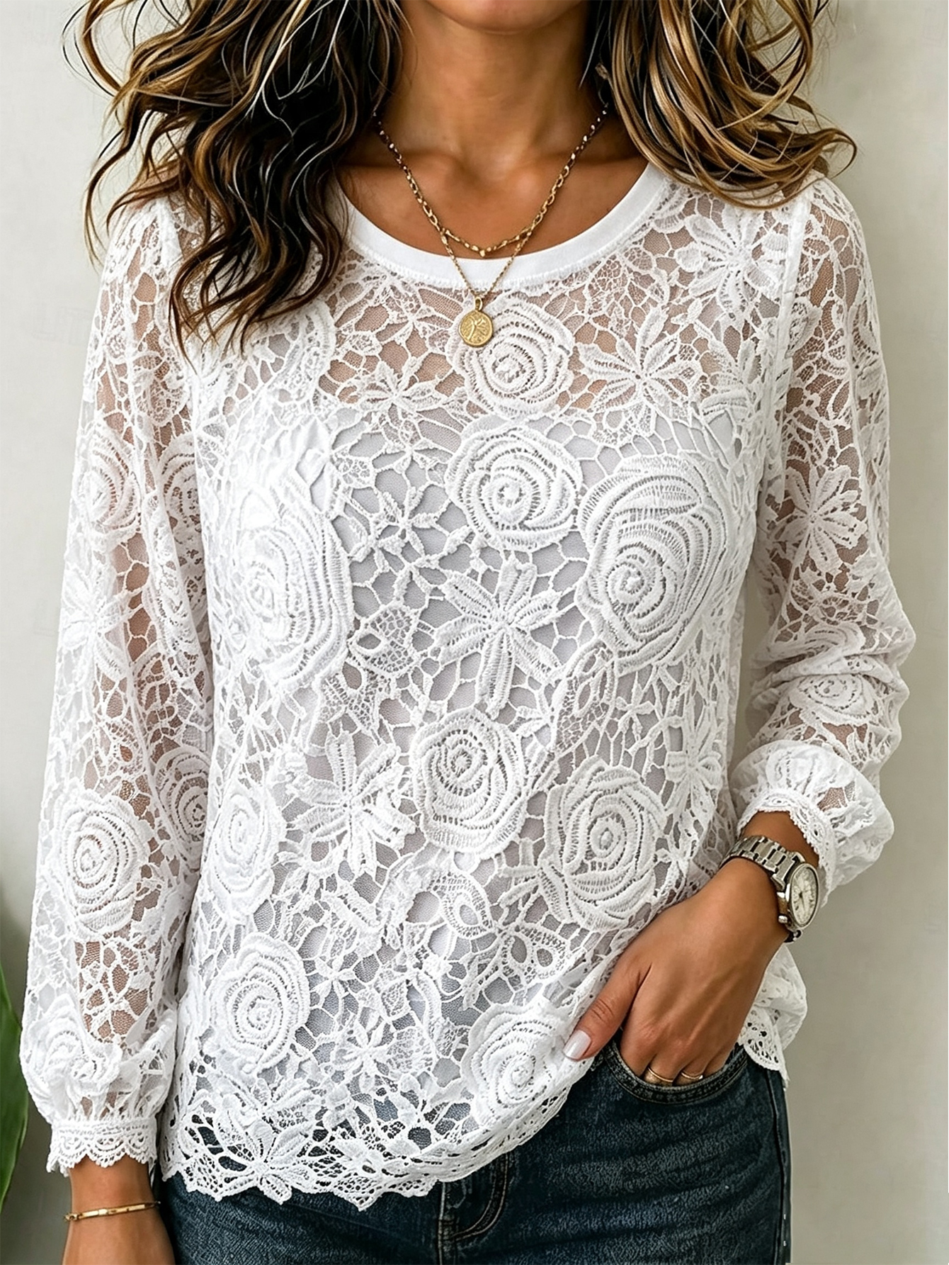 Women’s Floral Lace Long Sleeve Top, Round Neck Hollow Out Sheer Casual Blouse