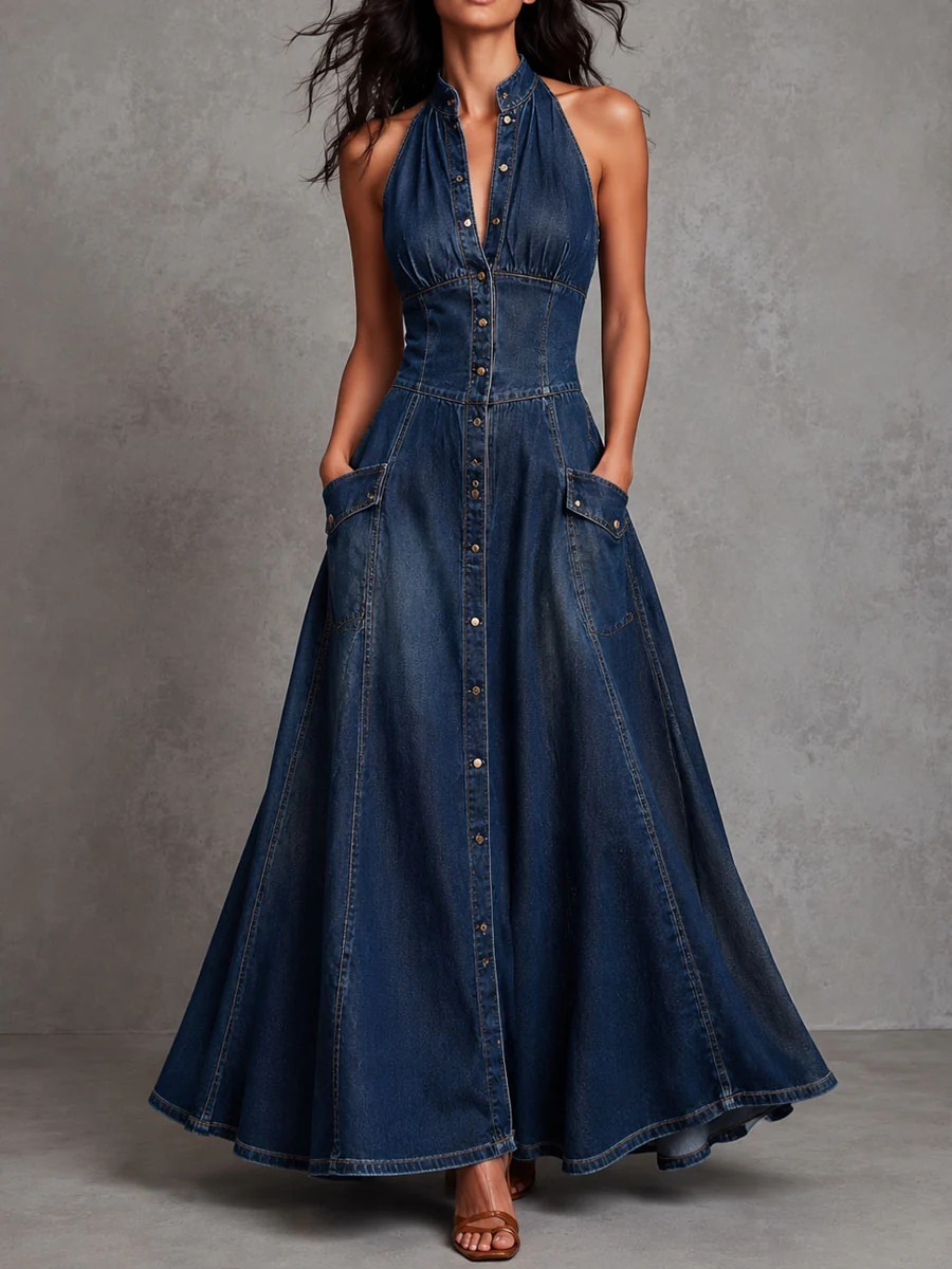 Women's Halter Denim Maxi Dress Button Front Sleeveless Fit & Flare Dress