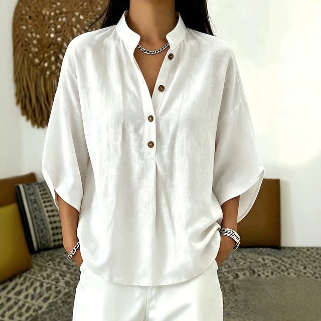 Women's Blouse Solid Color Elegant Casual 3/4 Length Sleeve Stand Collar Regular Tops