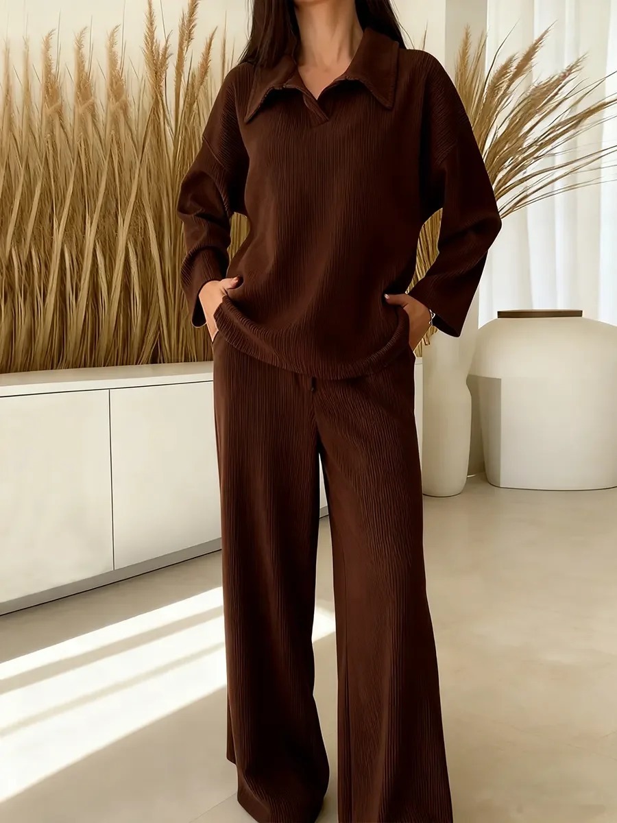 Women’s Collared Long Sleeve Top & Loose Straight Leg Pants Set, Casual Relaxed Fit Two Piece Outfit