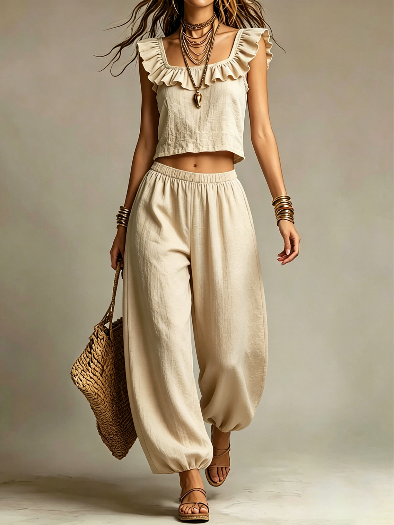 Linen Blend Ruffle Sleeveless Crop Top & Relaxed Harem Pants 2-Piece Set