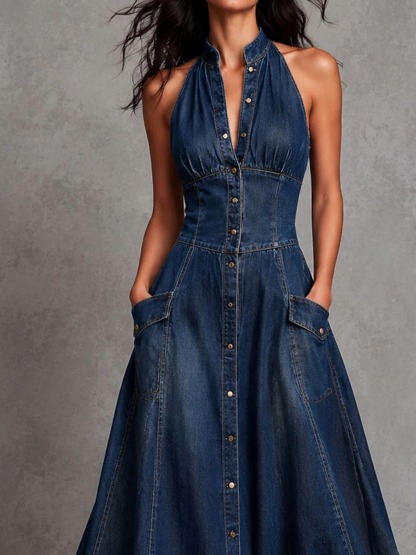 Women's Halter Denim Maxi Dress Button Front Sleeveless Fit & Flare Dress