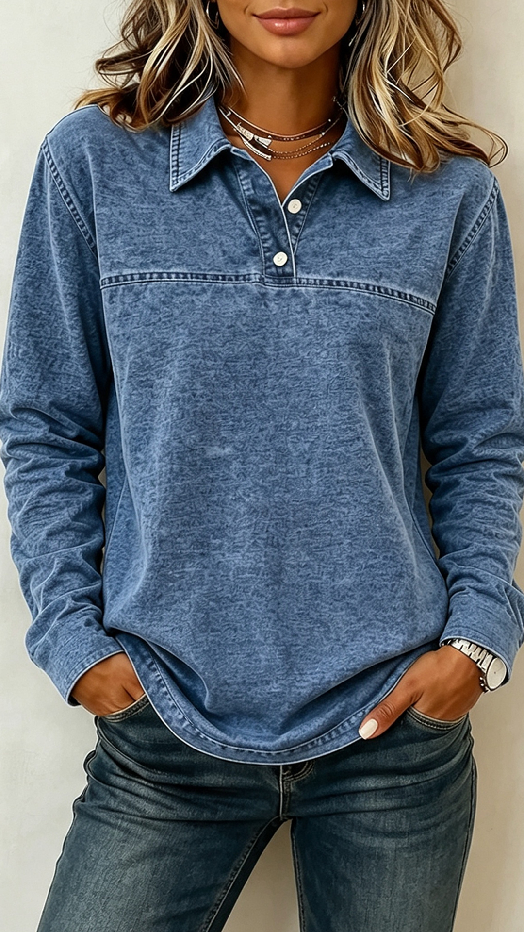 Women’s Washed Denim Look Long Sleeve Polo Shirt, Collared Half Button Casual Pullover Top