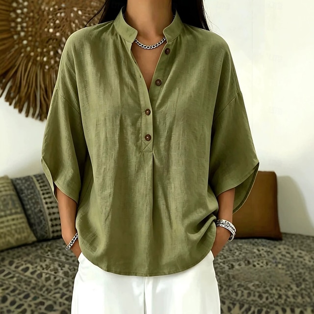 Women's Blouse Solid Color Elegant Casual 3/4 Length Sleeve Stand Collar Regular Tops