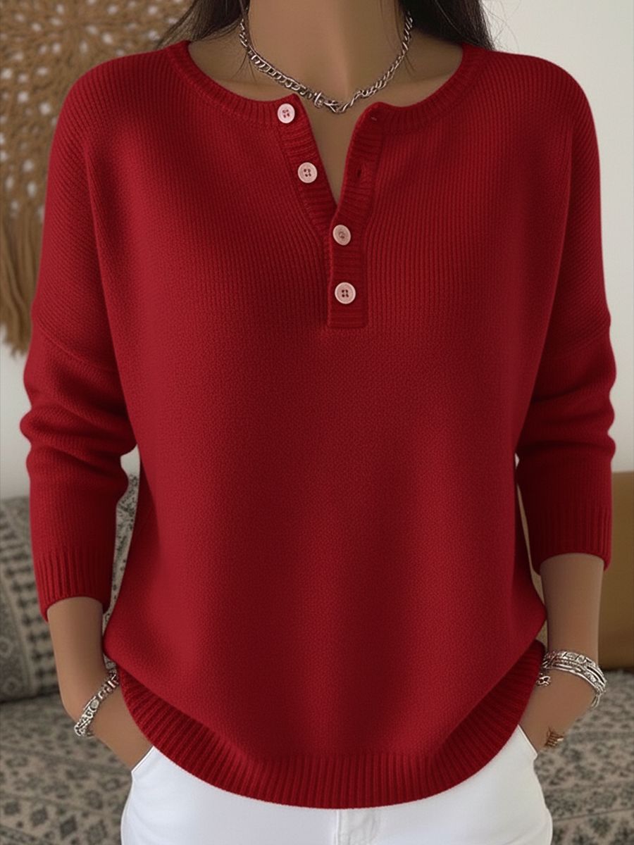 Women's Crew Neck Button Knit Sweater Loose Long Sleeve Pullover Casual Ribbed Knit Top