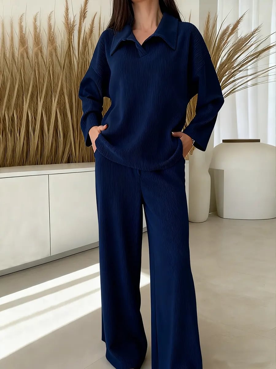 Women’s Collared Long Sleeve Top & Loose Straight Leg Pants Set, Casual Relaxed Fit Two Piece Outfit