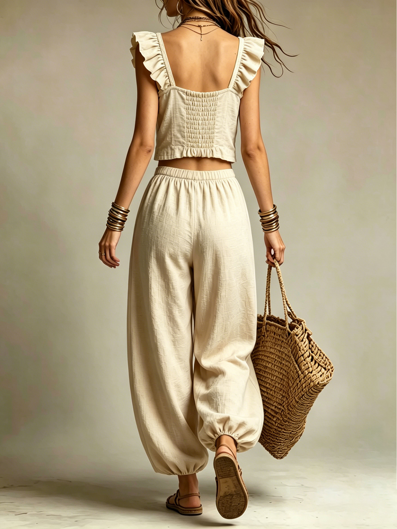 Linen Blend Ruffle Sleeveless Crop Top & Relaxed Harem Pants 2-Piece Set