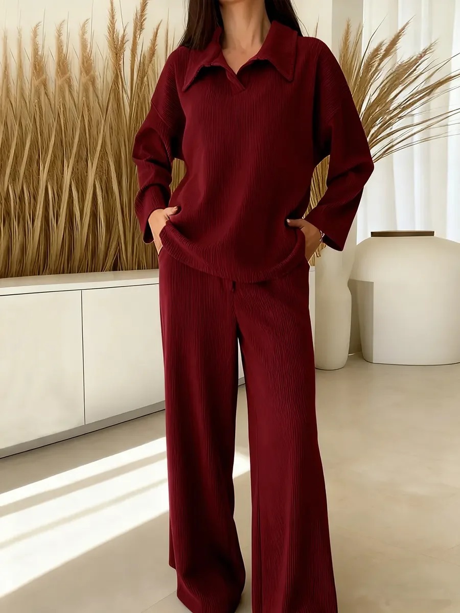 Women’s Collared Long Sleeve Top & Loose Straight Leg Pants Set, Casual Relaxed Fit Two Piece Outfit