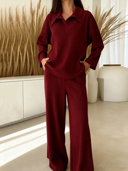 Women’s Collared Long Sleeve Top & Loose Straight Leg Pants Set, Casual Relaxed Fit Two Piece Outfit