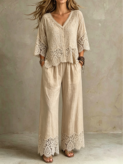 Lace Splice V-Neck Top & Wide Leg Pants Set