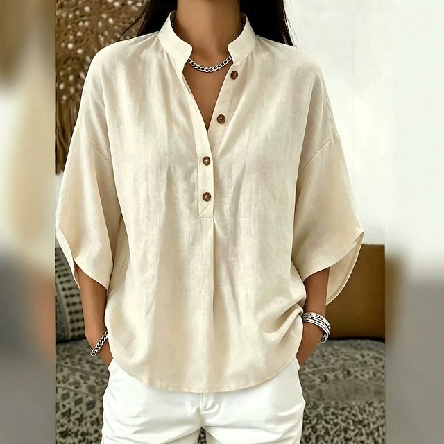 Women's Blouse Solid Color Elegant Casual 3/4 Length Sleeve Stand Collar Regular Tops