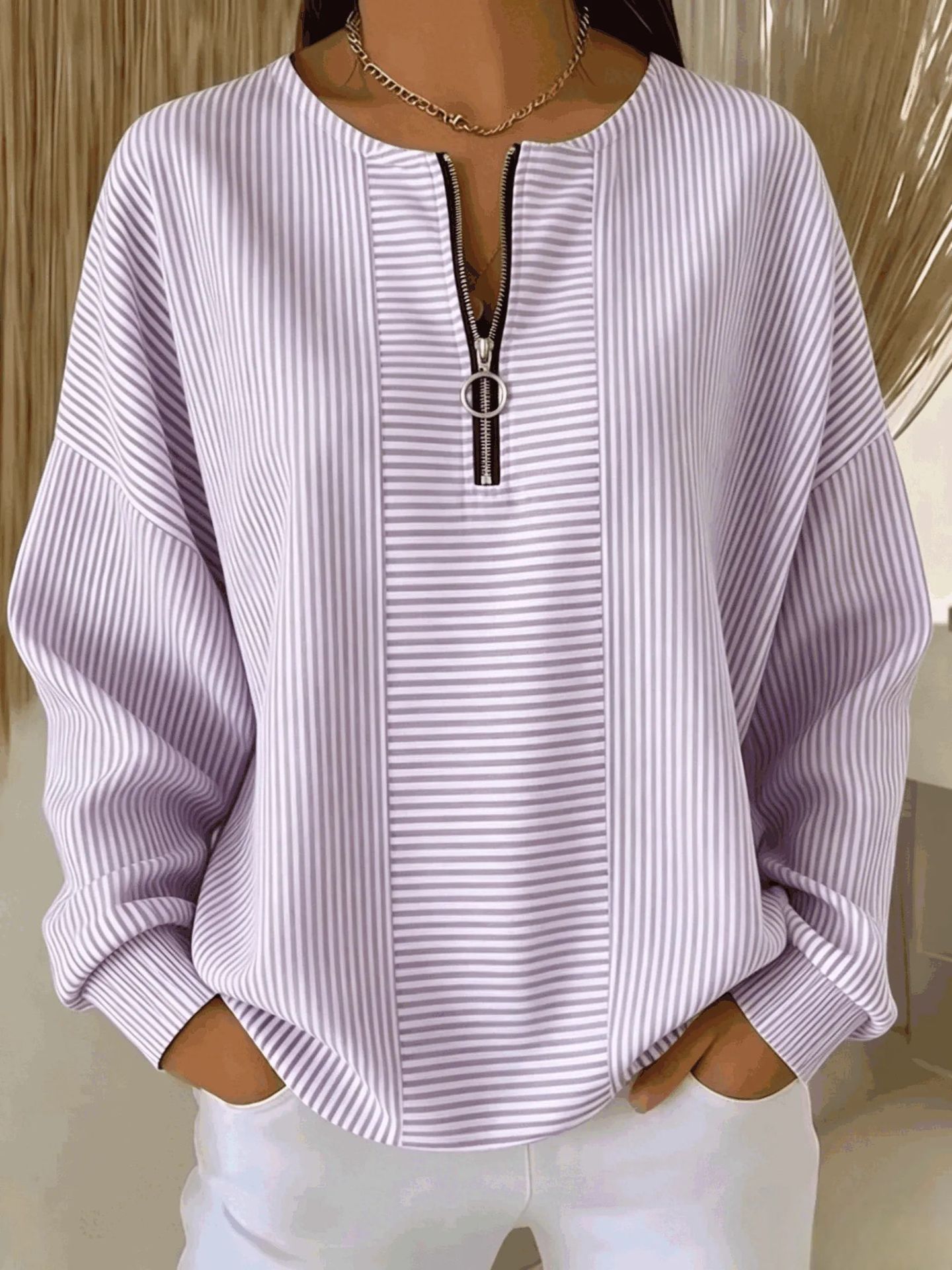 Striped Quarter Zip Crew Neck Long Sleeve Top