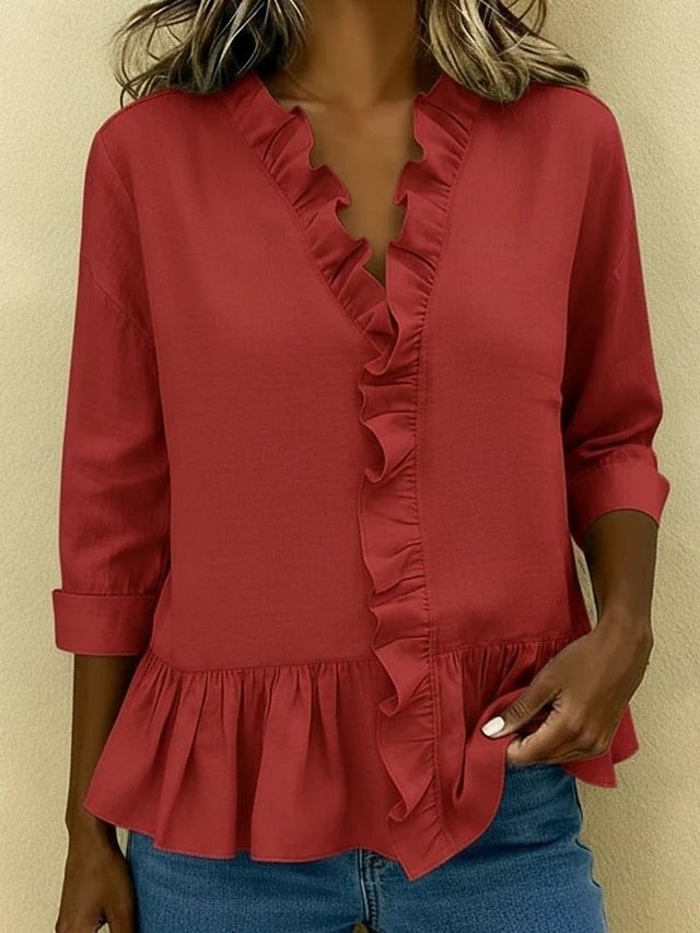 Women's Shirt Blouse Ruffle Shirt Ruffle Patchwork Plain Stylish Classic Modern Long Sleeve V Neck Regular Tops Daily Holiday Going out Black White Sky Blue Green Khaki Summer Spring