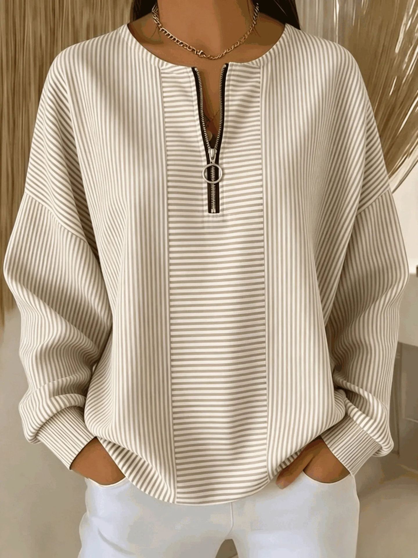 Striped Quarter Zip Crew Neck Long Sleeve Top