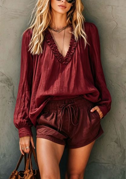 Women’s Casual Cotton Linen V-Neck Top Long Sleeve Loose Blouse