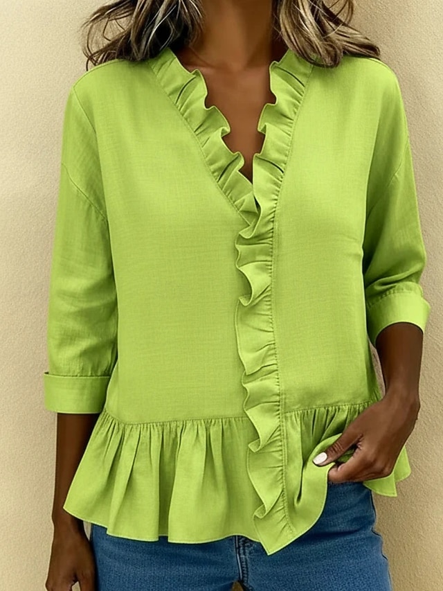 Women's Shirt Blouse Ruffle Shirt Ruffle Patchwork Plain Stylish Classic Modern Long Sleeve V Neck Regular Tops Daily Holiday Going out Black White Sky Blue Green Khaki Summer Spring