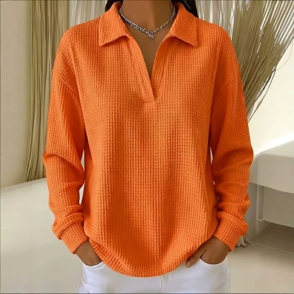 Waffle Knit Collared V-Neck Long Sleeve Top