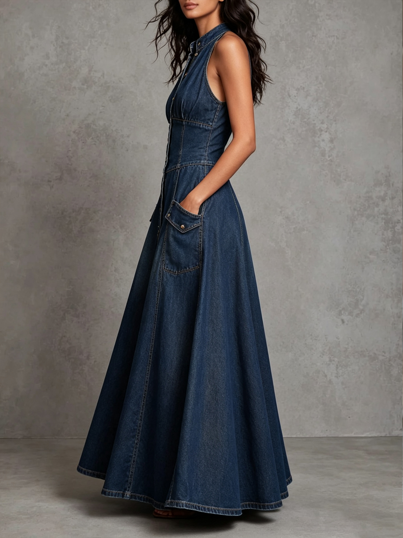 Women's Halter Denim Maxi Dress Button Front Sleeveless Fit & Flare Dress