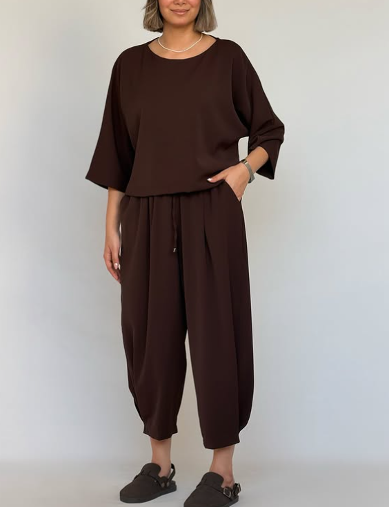 Relaxed Oversized Matching Set, Boat Neck Top & Drawstring Harem Pants