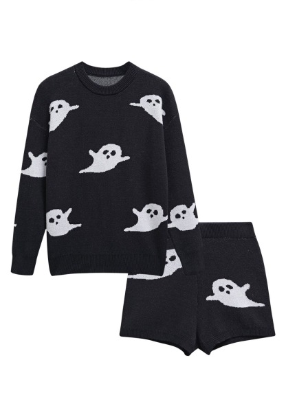 Women’s Halloween Ghost Print Knit Set Long Sleeve Sweater & Shorts Outfit