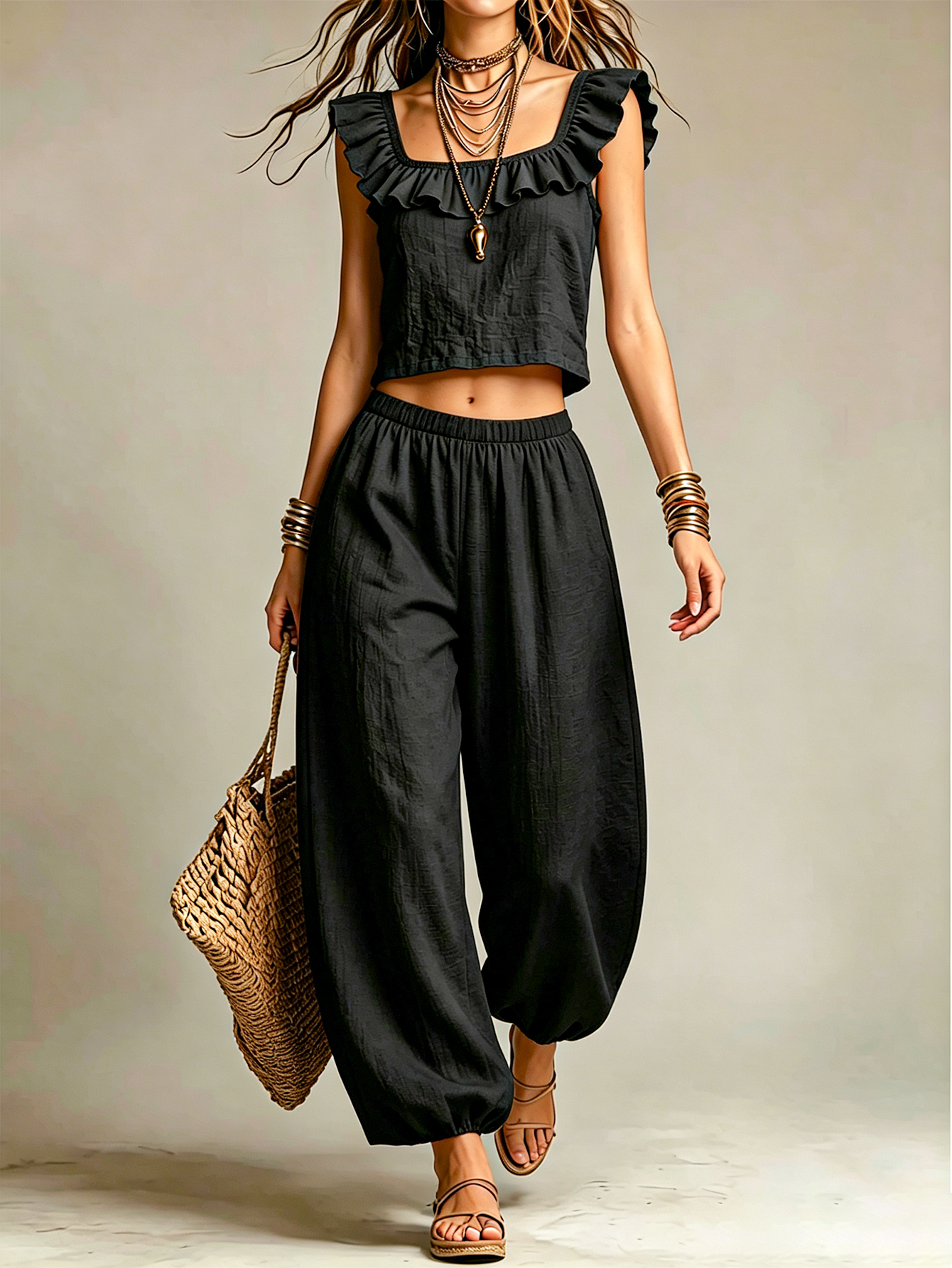 Linen Blend Ruffle Sleeveless Crop Top & Relaxed Harem Pants 2-Piece Set
