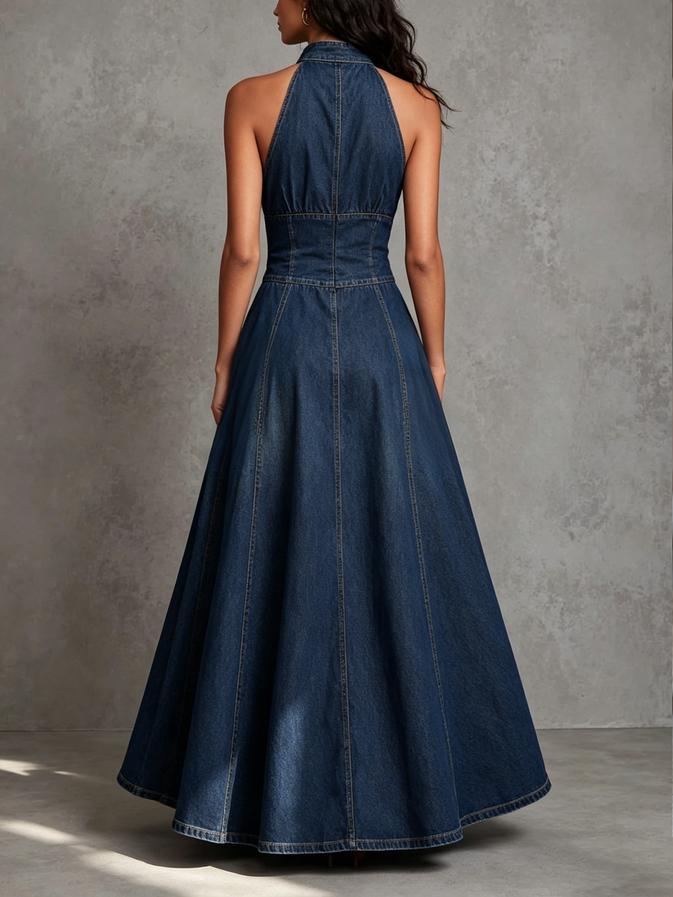 Women's Halter Denim Maxi Dress Button Front Sleeveless Fit & Flare Dress