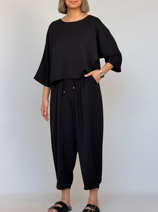 Relaxed Oversized Matching Set, Boat Neck Top & Drawstring Harem Pants