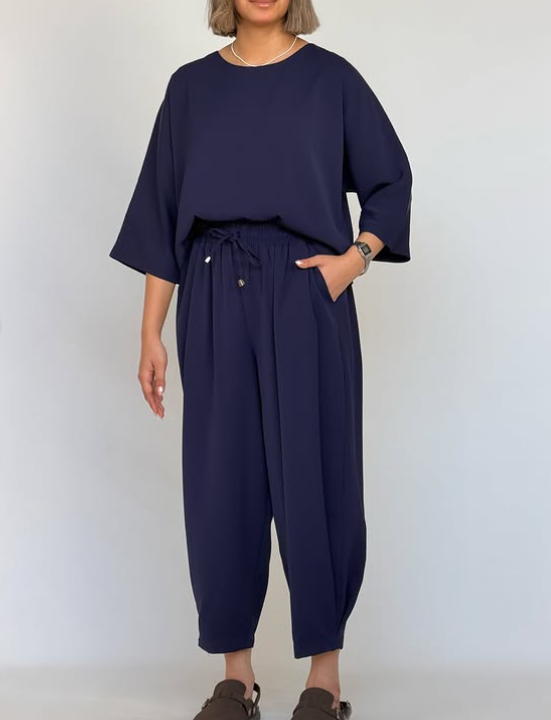 Relaxed Oversized Matching Set, Boat Neck Top & Drawstring Harem Pants
